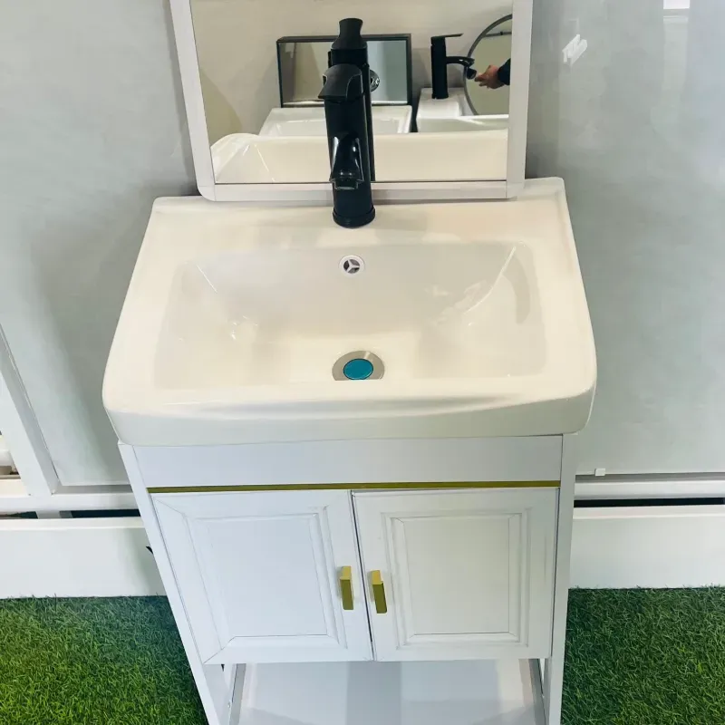 SET 17 de baño con espejo y mueble de 2 niveles con 2 puertas