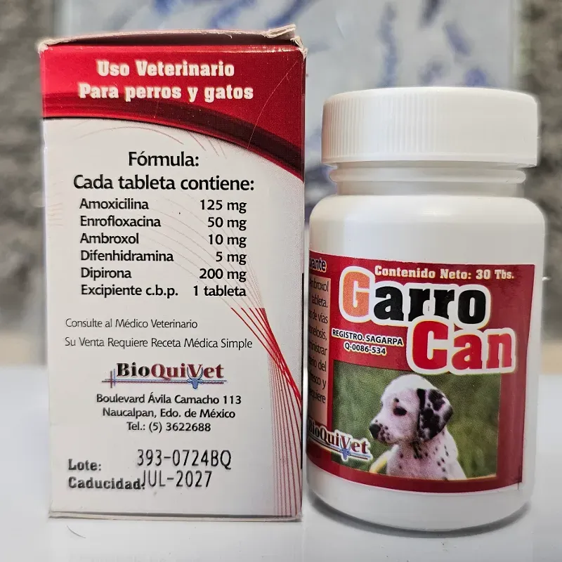 AMOXICILINA, ENROFLOXACINA, AMBROXOL, DIFENHIDRAMINA, DIPIRONA (GARROCAN)