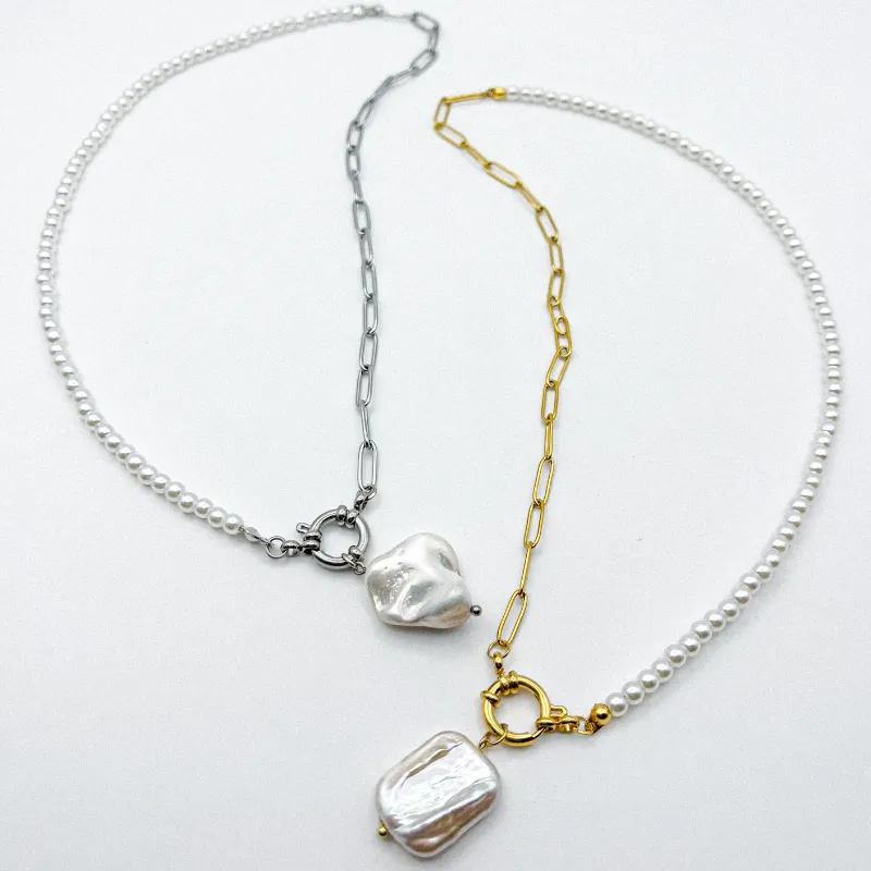 Collar de cadenas de acero inoxidable y perlas artificiales