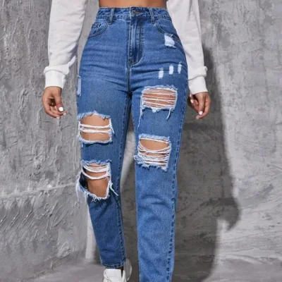  Jeans pierna recta desgastados y desgarrados — Azul Mezclilla