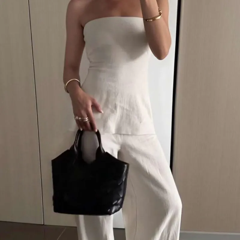 Set de 2 piezas top bandeau y pantalones unicolor