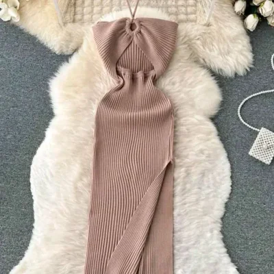  Vestido de canalé — Beige