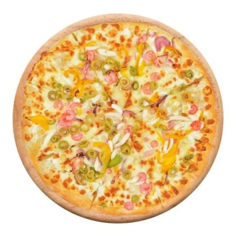 Pizza Mixta Sabor Mediterráneo (Camarones, Aceitunas, Jamón y Doble Queso)