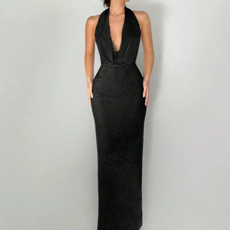 Aloruh Vestido largo negro con cuello drapeado y escote en la espalda, elegante y simple, para mujeres, vestido de bola/fiesta, vestido de graduación, vestido negro sexy con tela brillante y con lentejuelas, vestido formal