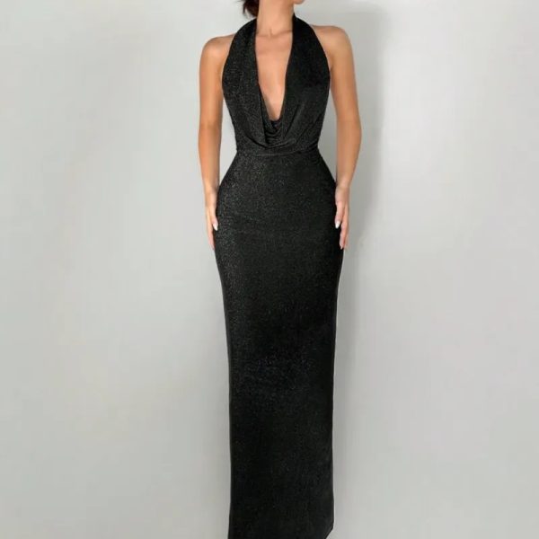 Aloruh Vestido largo negro con cuello drapeado y escote en la espalda, elegante y simple, para mujeres, vestido de bola/fiesta, vestido de graduación, vestido negro sexy con tela brillante y con lentejuelas, vestido formal