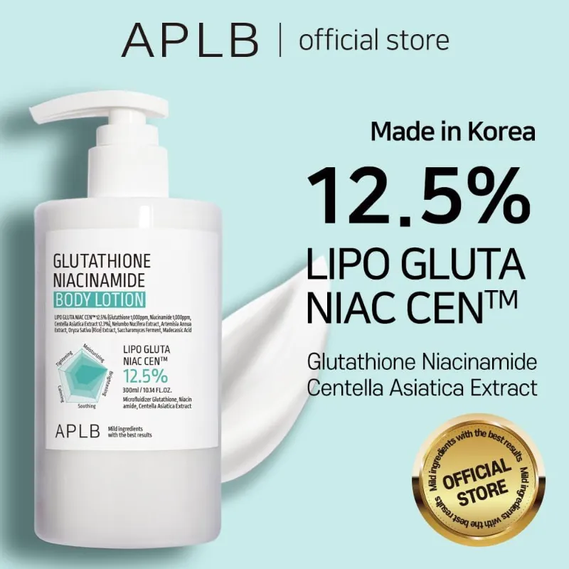 APLB Glutatión Niacinamida Loción Corporal | LIPO GLUTA NIAC CEN 12.5% 10.14 FL.OZ/Cuidado de la piel coreano, hidratación duradera, revitaliza para una suavidad y mejora la textura de la piel