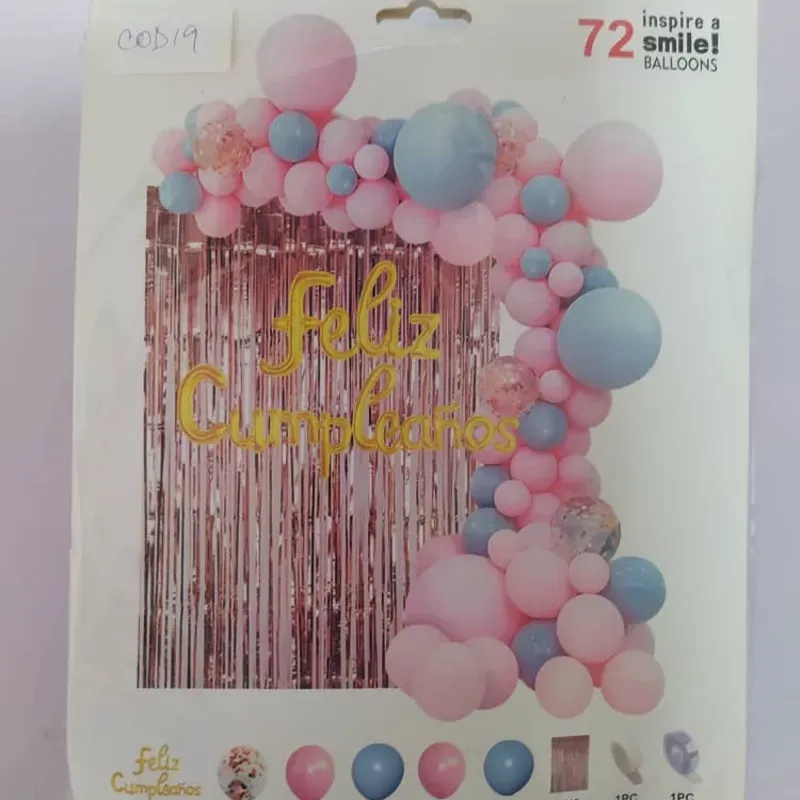 ‼️COD19- Set de Globos de 72 Piezas- Rosado, Azul y Dorado (Cartel Dorado y Cortina de flecos Rosada)‼️