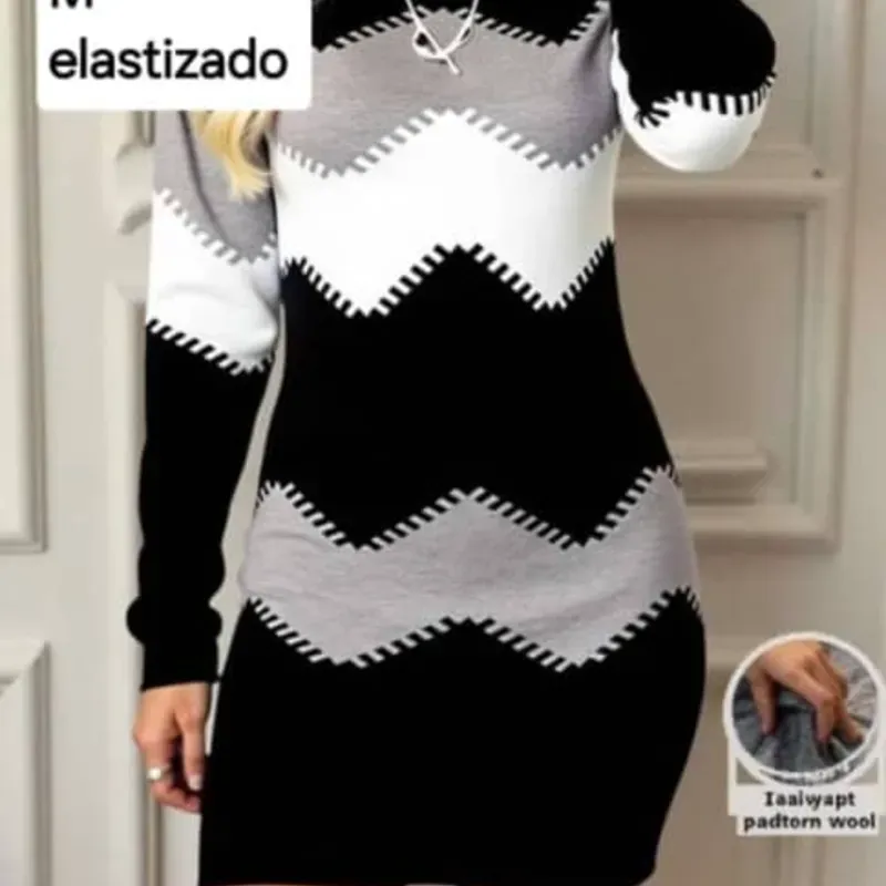 Vestido de mangas negro gris y blanco