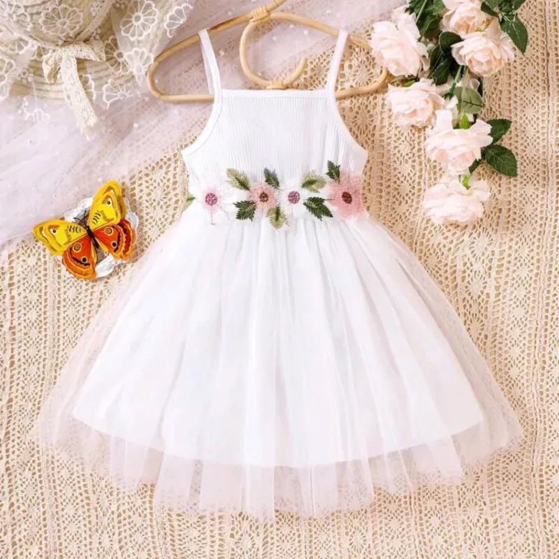 VESTIDO PARA NIÑA	 BLANCO DE TIRANTE CON APLICACIONES FLOR