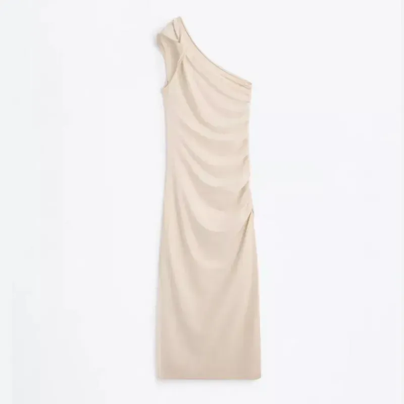 Vestido MIDI Asimetrico Fruncido Beige