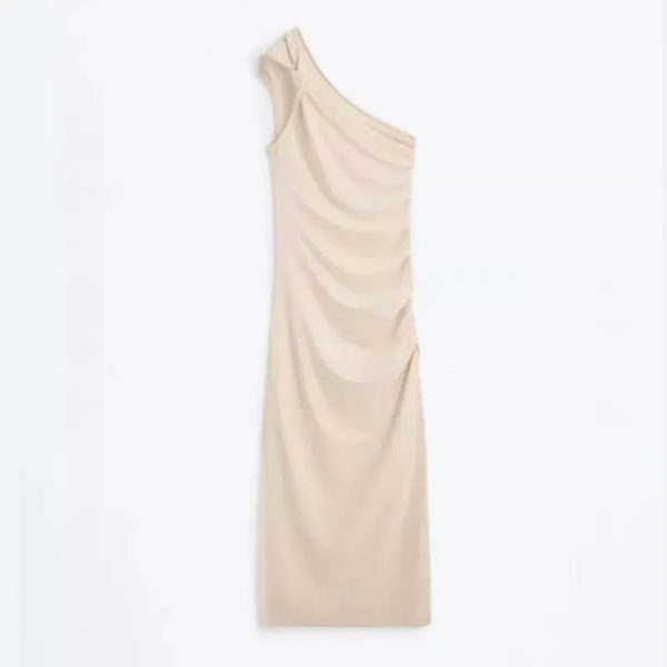 Vestido MIDI Asimetrico Fruncido Beige