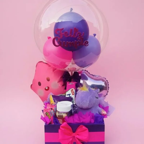 Caja con globos burbujas, peluche y confituras (femenina)