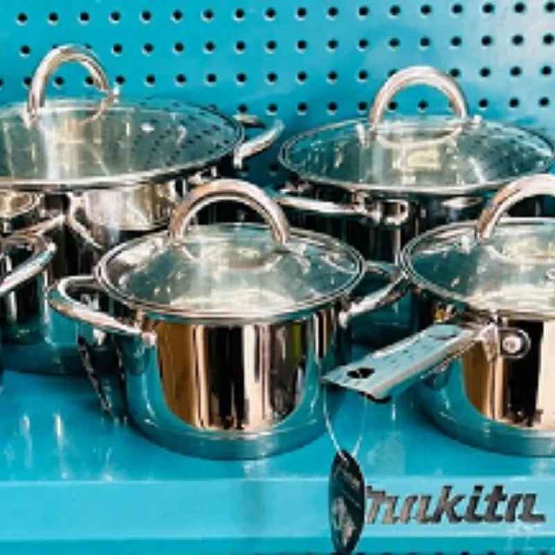 JUEGO DE 5 CAZUELAS Y SARTEN DE ACERO INOXIDABLE CON TAPA DE VIDRIO  PARA TODO TIPO DE FOGONES REF: EP-12TFGL