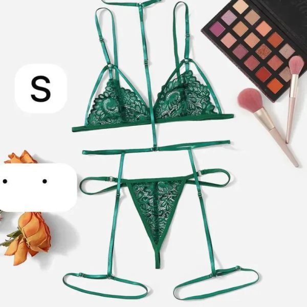  Conjunto de lencería verde encaje + tiras – Talla S