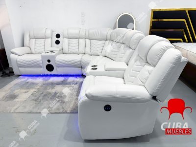 Sofá modular reclinable eléctrico con altavoces de graves para sala de estar, de piel sintética, reclinable, esquinero, con luz LED, reclinables eléctricos para el hogar, color blanco