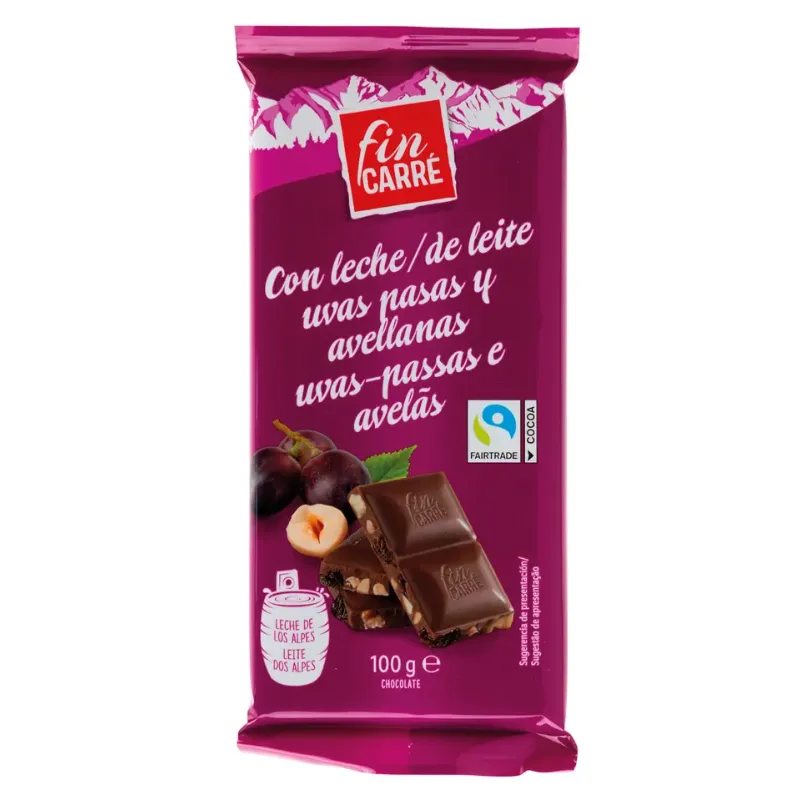 Barra de Chocolate con Leche, Uvas Pasas y Avellana Fin Carré
