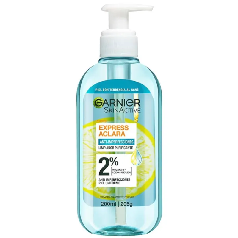 Garnier Express Aclara Gel limpiador facial purificante Anti-imperfecciones con Acido Salicílico y Vitamina C