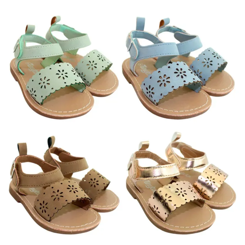 Set de Sandalias Infantiles Verde/Azul/Dorado/Marrón con Flores Perforadas