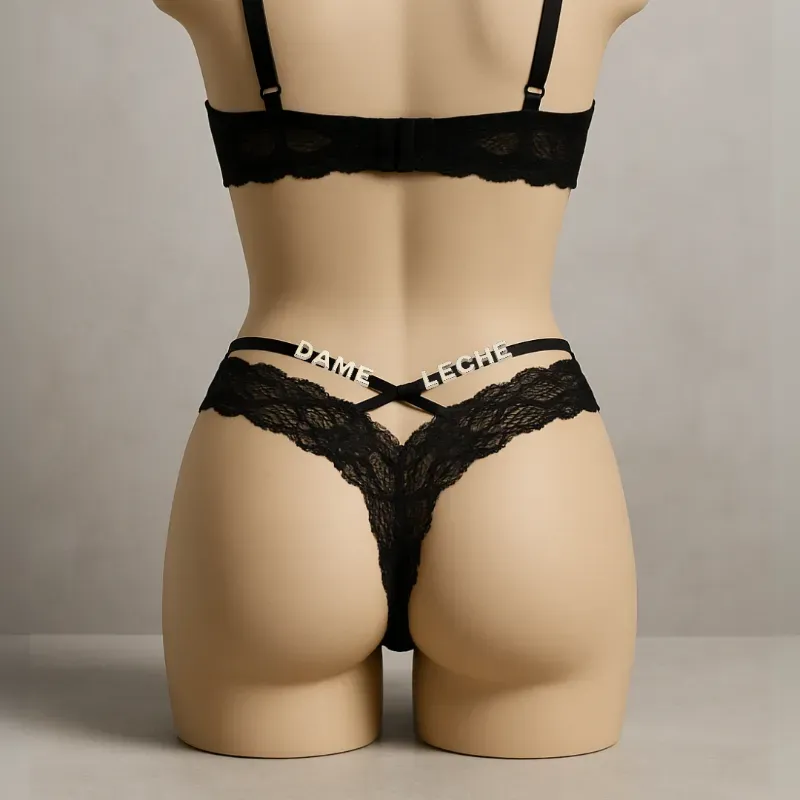 Conjunto de lenceria tanga de encaje cruzado + sujetador de encaje copa abierta color negro (PERSONALIZADO)