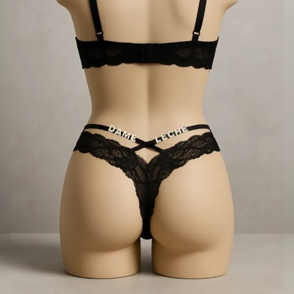 Conjunto de lenceria tanga de encaje cruzado + sujetador de encaje copa abierta color negro (PERSONALIZADO)