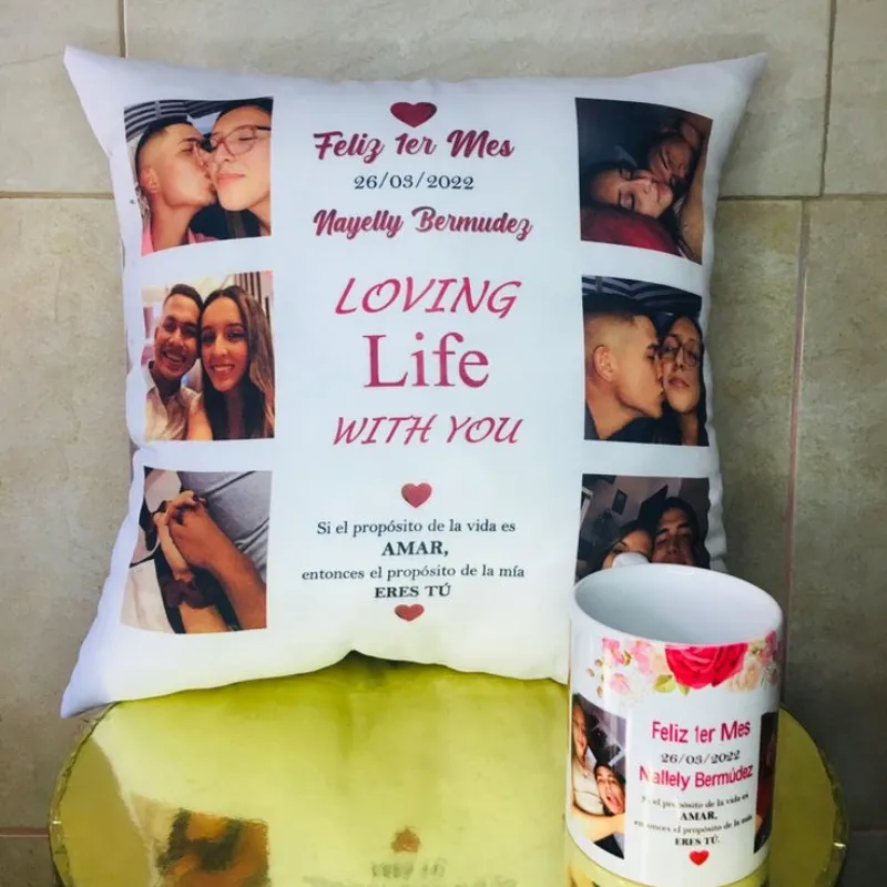 Cojín y taza personalizado