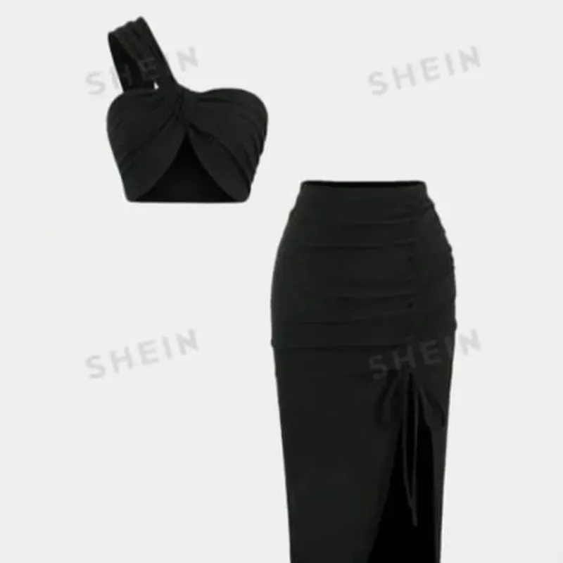  Conjunto falda larga con fruncido y top de un tirante — Negro