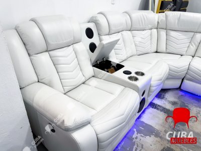 Sofá modular reclinable eléctrico con altavoces de graves para sala de estar, de piel sintética, reclinable, esquinero, con luz LED, reclinables eléctricos para el hogar, color blanco
