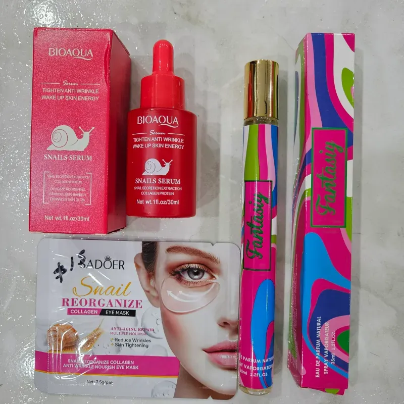 Sérum de baba de caracol, parches para ojos y perfume de cartera