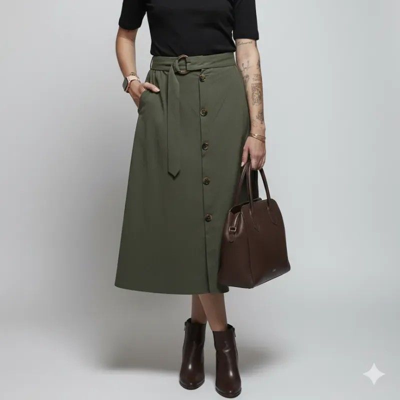 Falda midi verde olivo