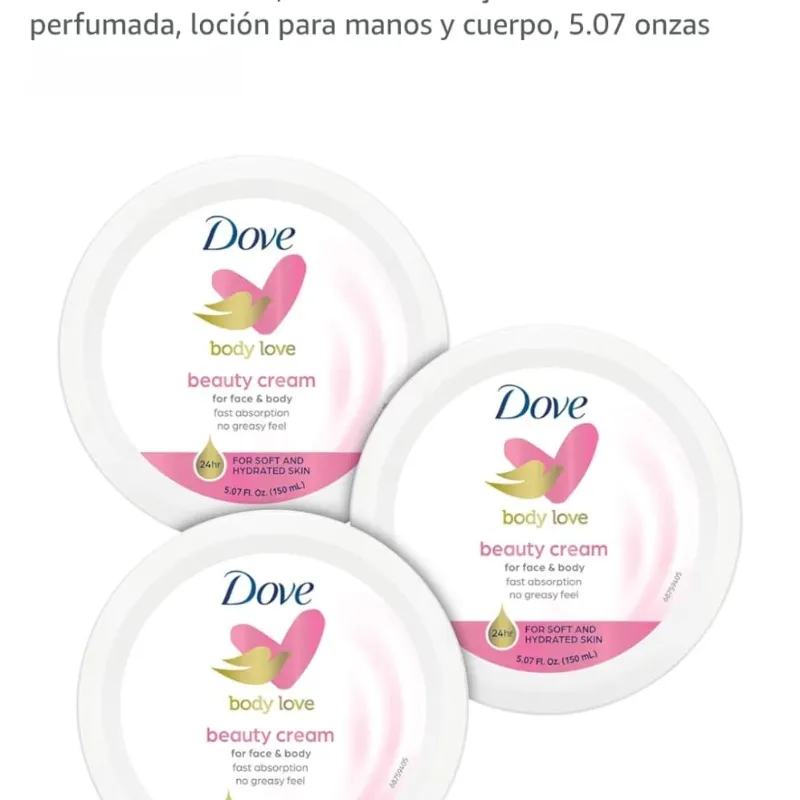 Dove Crema facial y corporal ayuda a hidratar y evita resequedad en el rostro. Uso de día
