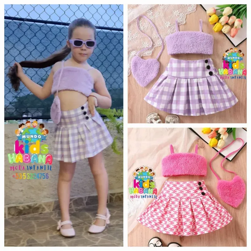 Conjunto  de saya cuadros + top de peluche y cartera de corazón