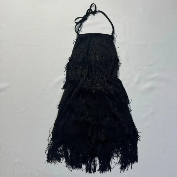 Vestido Corto de Flecos Negro Espalda Afuera