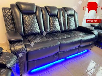 Juego de sofá reclinable multifunción de cuero Power Air con luces LED, muebles de sala de estar, sofá reclinable, sofá biplaza, silla con puerto USB/consola de almacenamiento/portavasos (negro,