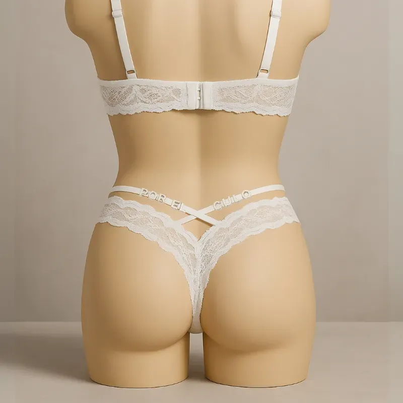 Conjunto de lenceria tanga de encaje cruzado + sujetador de encaje copa abierta color blanco (PERSONALIZADO)