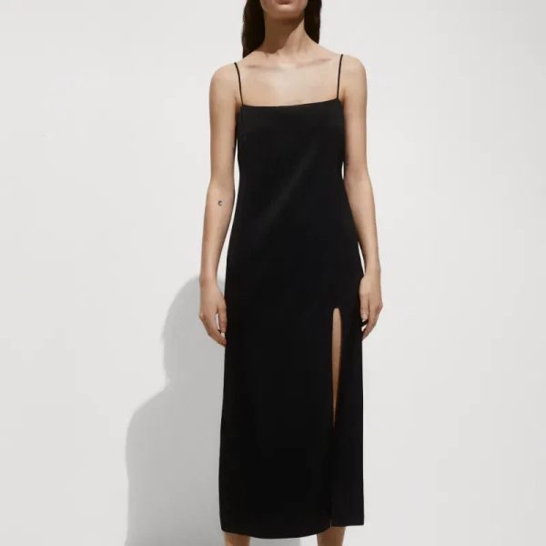 Vestido Mango satinado negro con abertura