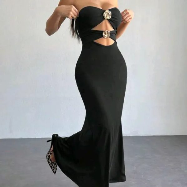  Vestido largo d fiesta adornos dorados — Negro