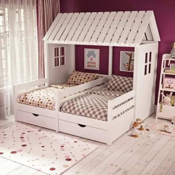 Cama doble Montessori con techo y barandas