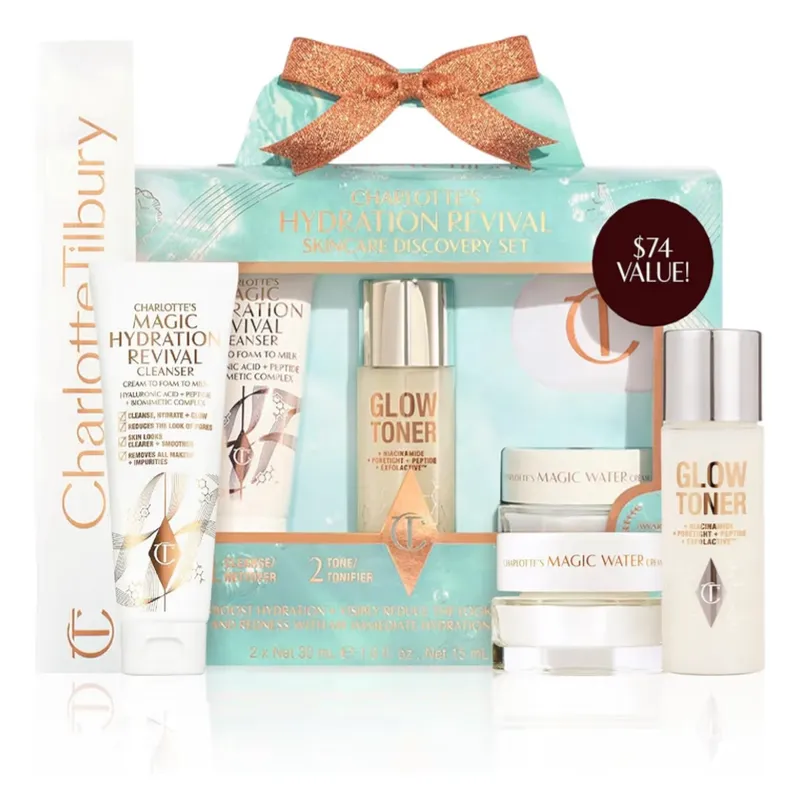 Set mini de Charlotte Tilbury para cuidado de la piel para limpiar, tonificar e hidratar, más una diadema de edición limitada