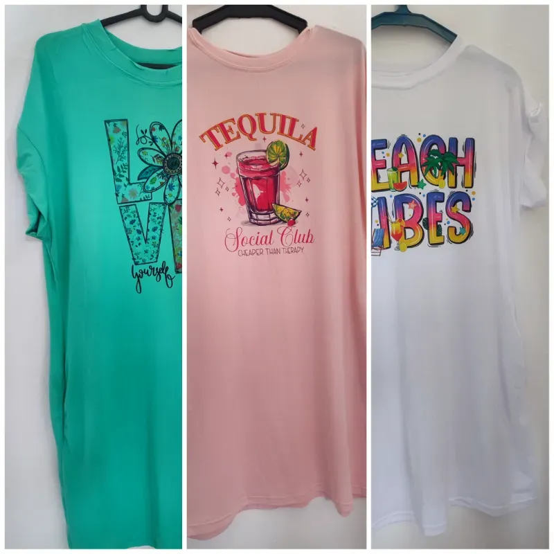 Vestidos blancos, rosados y verdes 