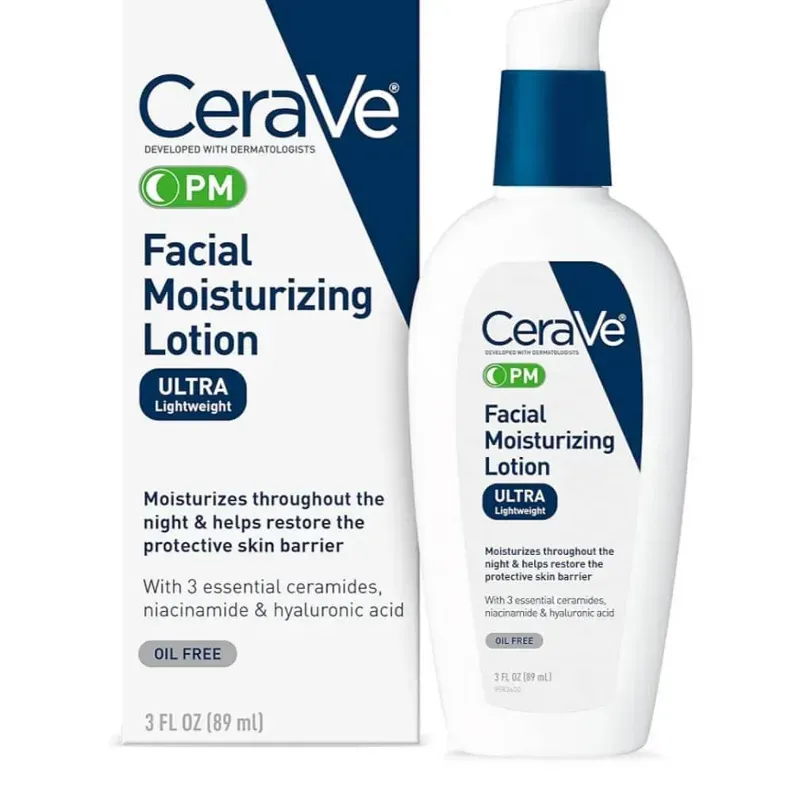 Loción Hidratante facial CeraVe de noche con ceramidas, niacinamida y ácido hialurónico, 3 Oz