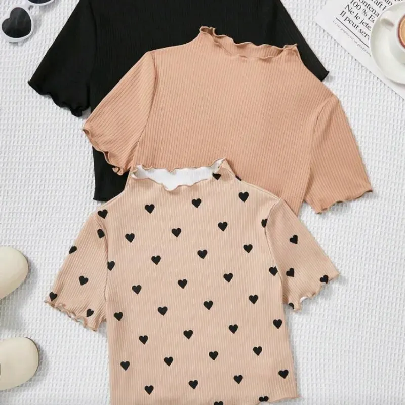  Camisetas con borde lechuga — Negro/Beige