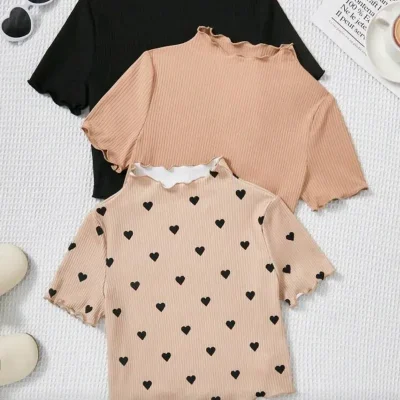  Camisetas con borde lechuga — Negro/Beige