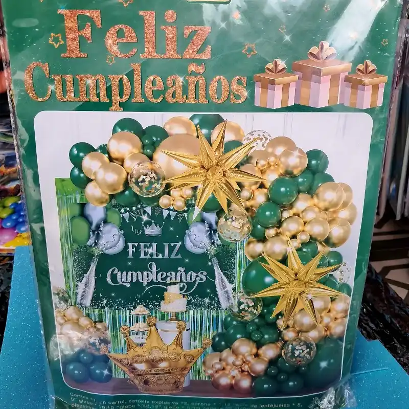 Set arco de globos "FELIZ CUMPLEAÑOS" verde esmeralda y dorado