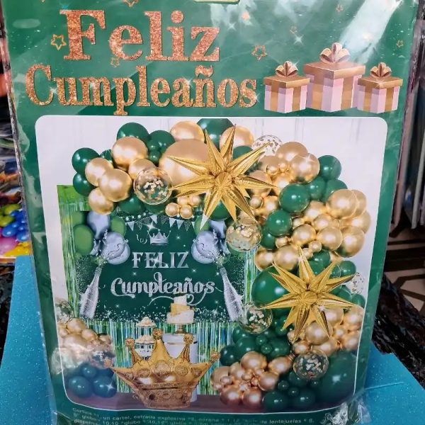 Set arco de globos "FELIZ CUMPLEAÑOS" verde esmeralda y dorado