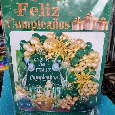 Set arco de globos "FELIZ CUMPLEAÑOS" verde esmeralda y dorado