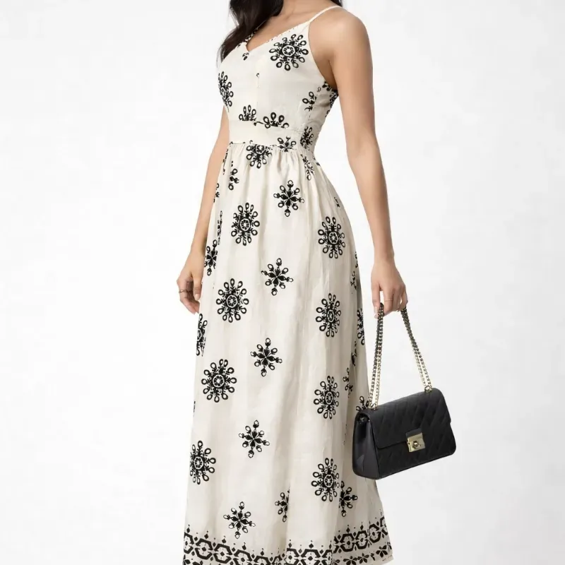  Vestido largo estampado — Beige/Negro