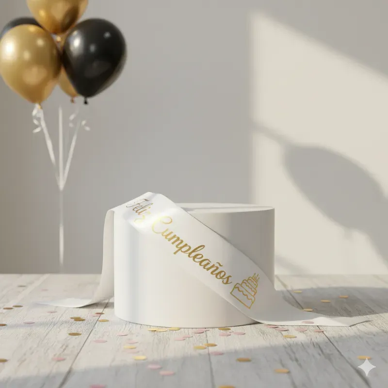 Banda "FELIZ CUMPLEAÑOS" blanca con letras doradas