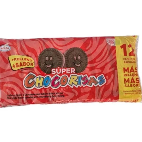 Galletas chocorizas sabor chocolate y rellena con crema de fresa 12unid