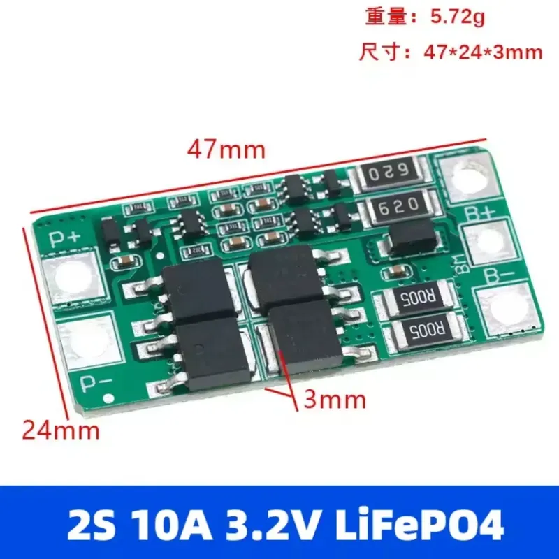 ⚡ BMS LiFePO4-2S 10A Balanceado (6.4V / 7.3V)