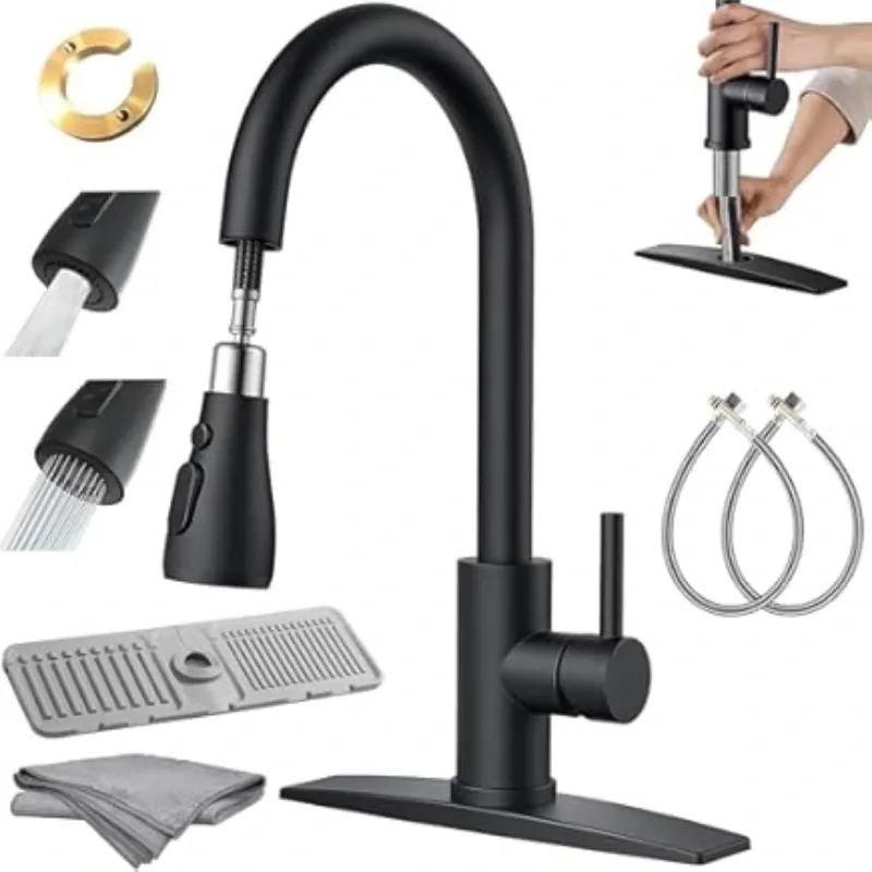 -Mezcladora monomando para fregadero (cuello de ganso con grifo extraíble)Negro Mate